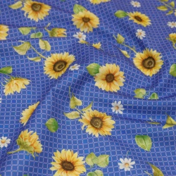 TECIDO TRICOLINE ESTAMPADO GIRASSOL FUNDO AZUL
