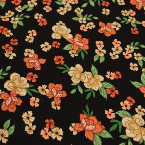 TECIDO VISCOLINHO ESTAMPADO FLORAL FUNDO PRETO 